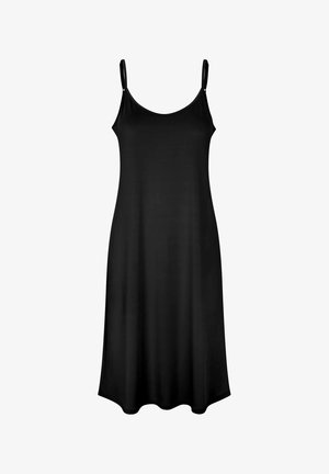 Czarna, bezrękawnikowa sukienka midi z cienkimi, regulowanymi ramiączkami i dekoltem w serek na białym tle.