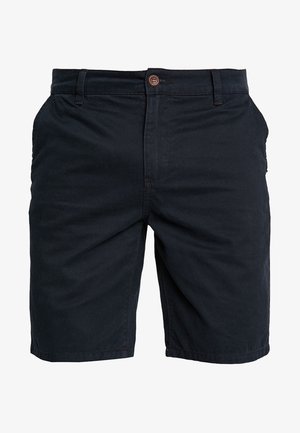 Dunkelblaue Shorts aus Baumwollmischgewebe, mit Knopfverschluss, Gürtelschlaufen und Seitentaschen. Glatte Textur mit minimalen Nähdetails.