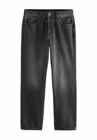 Černé džíny z denimu se rovný střihem, obsahuj�ící pět kapes, přední zip a zapínání na knoflík. Viditelná opotřebovaná textura a jemné vyblednutí.
