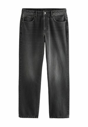Černé džíny z denimu se rovný střihem, obsahující pět kapes, přední zip a zapínání na knoflík. Viditelná opotřebovaná textura a jemné vyblednutí.