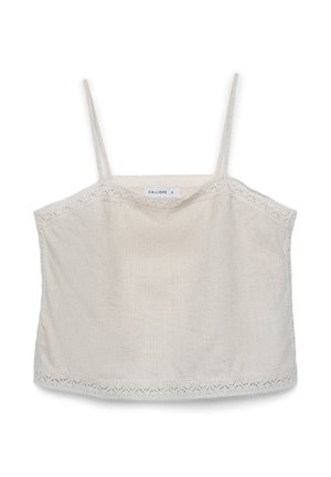 Cremefarbenes, kurzes Camisole mit dünnen Trägern und Spitzenbesatz entlang des Ausschnitts und Saums, Größe klein gekennzeichnet.