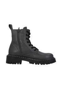 Botas de tobillo de cuero negro con un acabado texturizado, puntera redonda, diseño de cordones en la parte delantera, cremallera lateral y suela de goma gruesa con surcos.