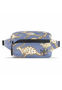 Bauchtasche aus hellblauem Stoff mit einem Muster von braunen Kängurus mit weißen Punkten. Schwarzer Reißverschluss und Riemen. Maße nicht angegeben.