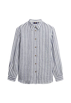 Blauw-wit gestreepte langemouwen shirt van lichtgewicht stof, met een klassieke kraag en houten knopen aan de voorkant.