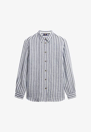 Blauw-wit gestreepte langemouwen shirt van lichtgewicht stof, met een klassieke kraag en houten knopen aan de voorkant.