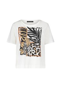 Weißes kurzärmliges T-Shirt mit mehrfarbigem Grafikdesign, das schwarze und goldene Blätter sowie Tiermuster zeigt, aus glattem Baumwollmaterial.