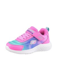 Rosa und blaue Sneaker mit wasserdichtem Design, ausgestattet mit einem Mesh-Obermaterial, verstellbarem Riemen und einer weißen strukturierten Gummisohle.