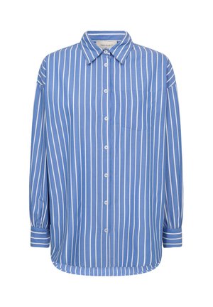 Blauw overhemd met lange mouwen met witte verticale strepen en een borstzak, met een klassieke kraag en knoopmanschetten.