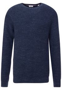 Mörkblå ribbad stickad tröja med rundad halsringning, långa ärmar och en texturerad yta. Enkelt design utan mönster eller dekorationer.