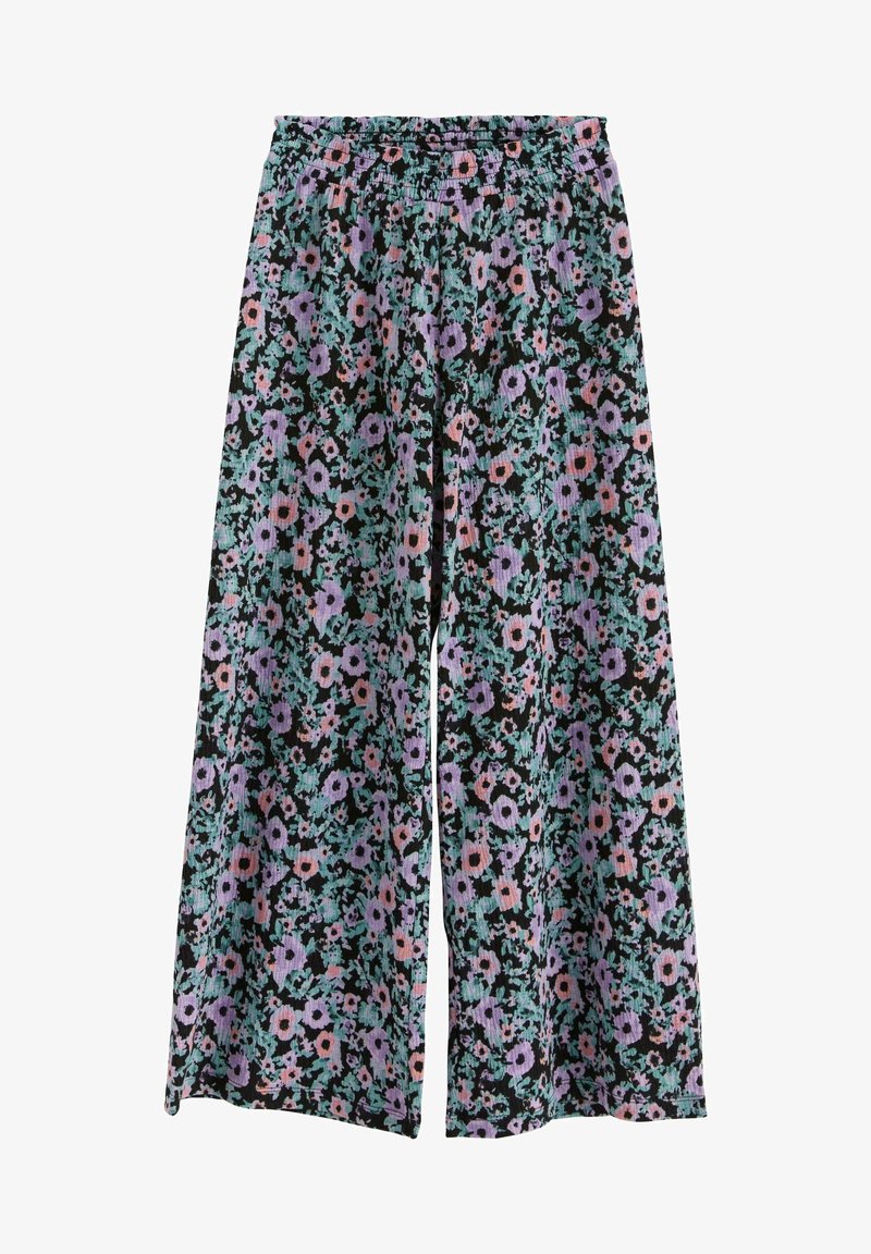 Pantalon à jambes larges avec un fond noir, recouvert d'un motif floral pastel rose et violet avec des accents de feuilles vertes, taille élastique.