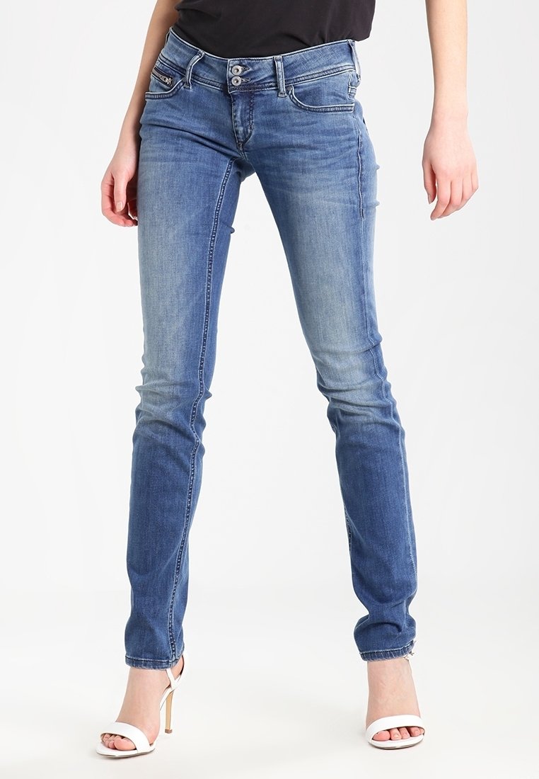Štíhlé modré džíny z denimu s lehkým praním, s pěti kapsami, knoflíkem a zipem, a jemným ošoupáním podél nohavic.
