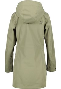 Khaki voděodolná bunda s kapucí, která má elegantní design, boční kapsy a decentní logo na zadní straně.