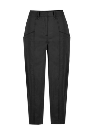Pantaloni neri su misura con vita alta, caratterizzati da tasche frontali piatte, gambe dritte e dettagli di cucitura in evidenza. Realizzati in un tessuto liscio.