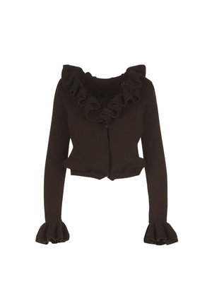 Bruine gebreide cropped cardigan met een gerimpelde halslijn en klokmouwen, voorzien van een ritssluiting aan de voorkant en een textuurrijke stof.