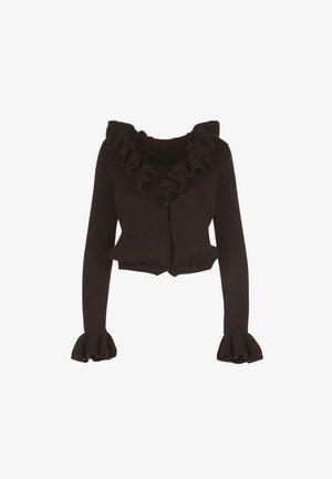 Bruine gebreide cropped cardigan met een gerimpelde halslijn en klokmouwen, voorzien van een ritssluiting aan de voorkant en een textuurrijke stof.