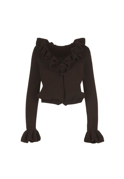 Ruskea neulottu lyhyt neuletakki röyhelöreunuksella ja kellohihanskuilla, jossa on edessä vetoketju ja teksturoitu kangas.