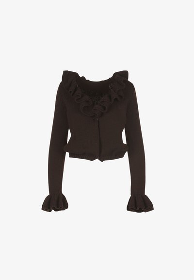 Ruskea neulottu lyhyt neuletakki röyhelöreunuksella ja kellohihanskuilla, jossa on edessä vetoketju ja teksturoitu kangas.