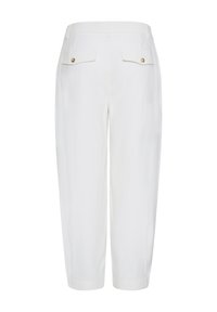 Pantalon court blanc taille haute avec poches à rabat boutonnées à l'arrière et jambes droites, présenté sur fond blanc uni.