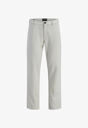 Light gray trousers with a straight fit. Features a button closure and belt loops. Made from a smooth fabric with minimal stitching details.