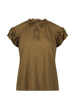 Olivovo zelený top s krátkym rukávom, ozdobený volánmi, s zberovým výstrihom a nastaviteľnými detailmi na viazanie. Hladká, ľahká tkanina s jemnou textúrou.