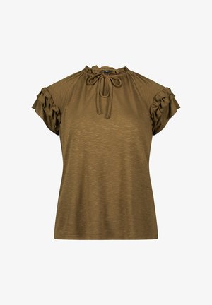 Olivovo zelený top s krátkym rukávom, ozdobený volánmi, s zberovým výstrihom a nastaviteľnými detailmi na viazanie. Hladká, ľahká tkanina s jemnou textúrou.