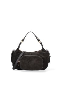 Borsa a mano in suede nero con una forma strutturata, manico corto e tracolla rimovibile. Presenta accessori in tonalità oro e una tasca frontale.