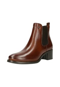 Stivale Chelsea in pelle marrone con finitura liscia, pannelli elasticizzati ai lati e tacco a blocco. Include una linguetta per una facile vestibilità.