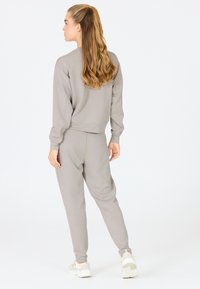 Lichtgrijze cropped sweatshirt gecombineerd met bijpassende joggers, met een relaxed fit en een soepele textuur. Het model wordt van achteren getoond.
