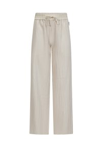 Wijdvallende broek in een lichtbeige kleur, met een gestructureerde stof, elastische tailleband met trekkoord, en zonder zichtbare patronen of accenten.