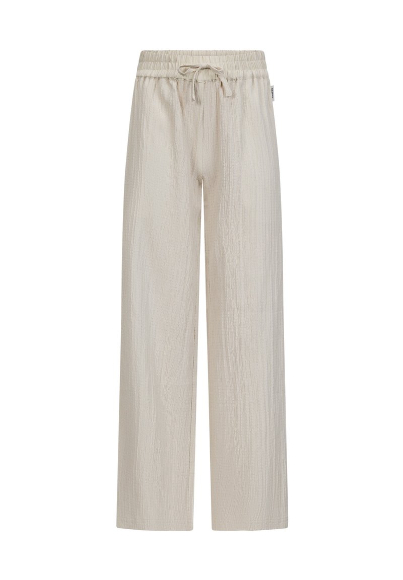 Wijdvallende broek in een lichtbeige kleur, met een gestructureerde stof, elastische tailleband met trekkoord, en zonder zichtbare patronen of accenten.