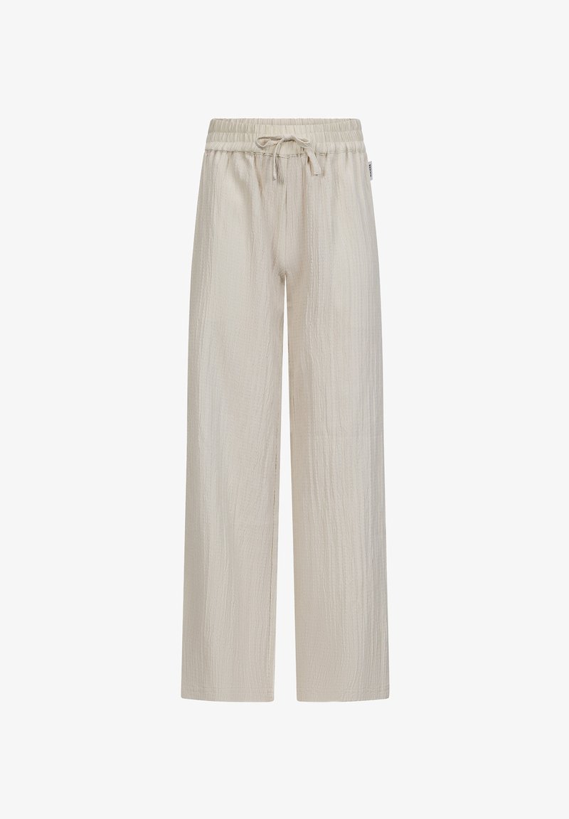 Spodnie z szerokimi nogawkami w jasnym odcieniu beżu, z teksturowanej tkaniny, elastycznym paskiem w talii ze sznurkiem do regulacji oraz bez widocznych wzorów i akcentów.
