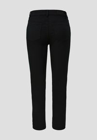 Zwarte denim jeans met een recht model, vijf zakken en een soepele textuur. Minimalistisch ontwerp met een riemlus op de taille.