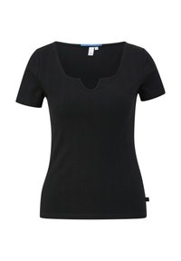 T-shirt noir côtelé à manches courtes avec un large col rond dégagé. Le tissu présente une finition texturée, avec une coupe slim et ajustée.