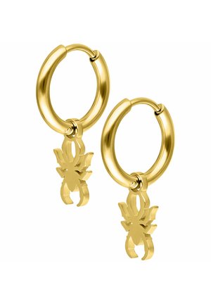 Goldfarbene Creolenohrringe mit einem Spinnenmotiv, das von einem glatten, kreisförmigen Hoop hängt. Das Design ist elegant mit einer polierten Oberfläche.