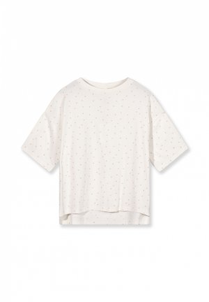 T-shirt bianco a maniche corte con motivo a pois dorati, vestibilità rilassata e orlo posteriore leggermente più lungo. Realizzato in morbido cotone leggero.