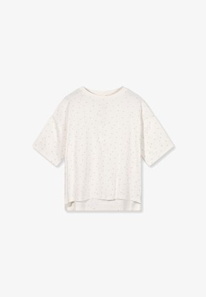 T-shirt bianco a maniche corte con motivo a pois dorati, vestibilità rilassata e orlo posteriore leggermente più lungo. Realizzato in morbido cotone leggero.