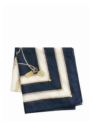 Zijden sjaal, opgevouwen, donkerblauwe en witte strepen met een patroon van gouden touwen en kettingen, inclusief gouden slot- en sleutelhangers.