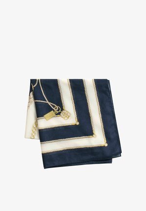 Foulard en soie plié, rayures bleu marine et blanc avec un motif de corde et chaîne dorés, incluant des breloques en forme de cadenas et clé dorés.