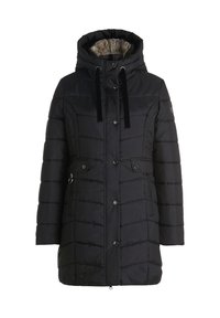 Czarna pikowana kurtka zimowa z zapięciem na guziki i suwak, kaptur wyściełany sztucznym futrem oraz kieszenie z klapami i suwakami.
