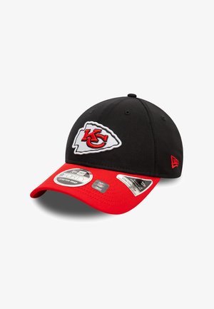 Black cap with a red visor, featuring a white and red Kansas City Chiefs logo. Includes tags for size and material details.