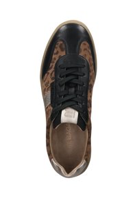 Brown leopard print sneaker with black toe cap, black laces, silver accents, and beige sole, viewed from above.