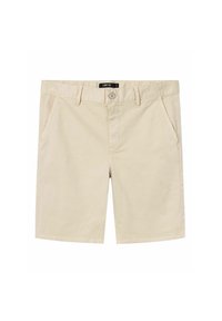 Beige bomuldsbukser med knap- og lynlåslukning. Har to frontlommer og et mærke med "LMTD" på taljen. Glat tekstur.