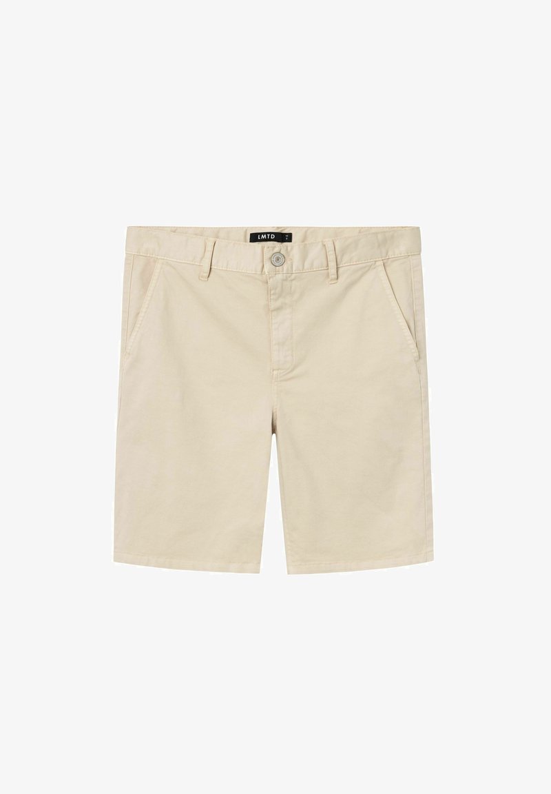 Pantaloni corti in cotone beige con chiusura a bottone e cerniera. Presentano due tasche frontali e un'etichetta con "LMTD" sulla vita. Tessuto liscio.