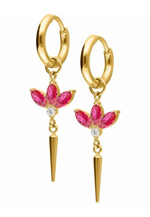 Gold hoop earrings with three marquise pink gemstones, a small clear round gem, and a gold spike pendant hanging below.