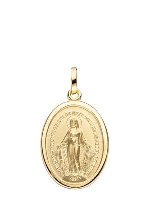 Goldener ovaler religiöser Anhänger mit stehender Jungfrau Maria mit Heiligenschein, ausgestreckten Armen und umlaufendem eingraviertem deutschem Text.