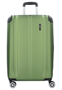 Valigia rigida di colore verde oliva opaco con scanalature verticali, dettagli neri, manico telescopico e quattro ruote piroettanti.