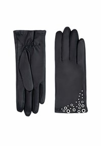 Gants en cuir noir avec une surface texturée, détail de poignet froncé et découpes circulaires décoratives le long du bord du poignet.