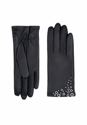 Gants en cuir noir avec une surface texturée, détail de poignet froncé et découpes circulaires décoratives le long du bord du poignet.
