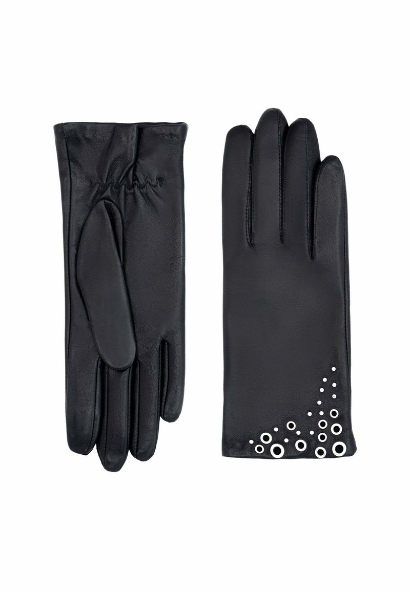 Gants en cuir noir avec une surface texturée, détail de poignet froncé et découpes circulaires décoratives le long du bord du poignet.