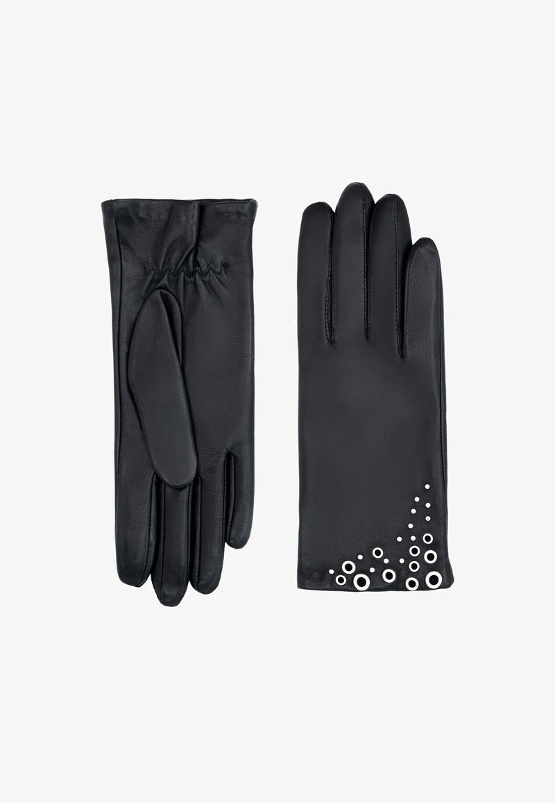 Gants en cuir noir avec une surface texturée, détail de poignet froncé et découpes circulaires décoratives le long du bord du poignet.